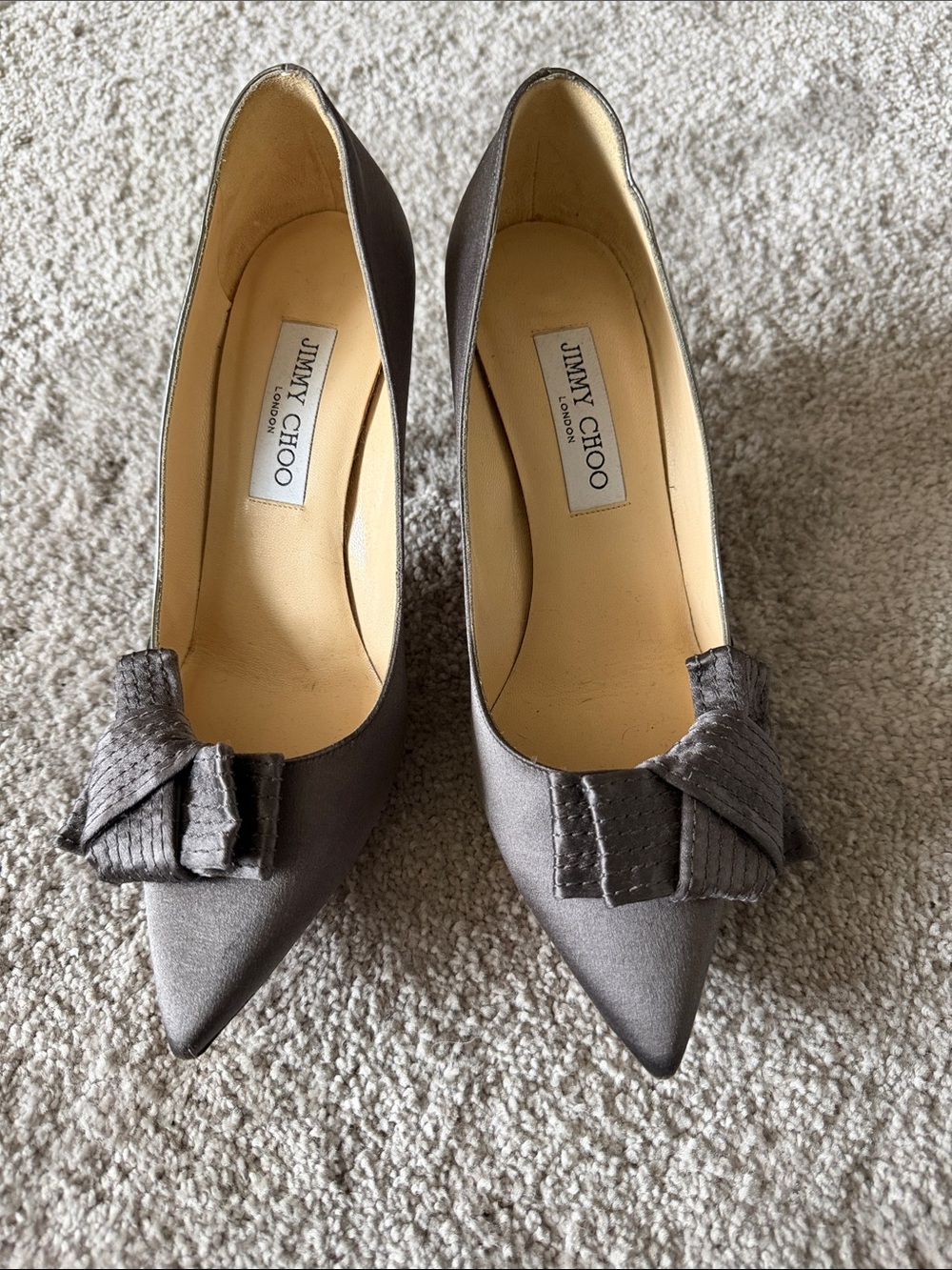 Jimmy Choo Gray Satin Pointed-Toe Bow Pumps